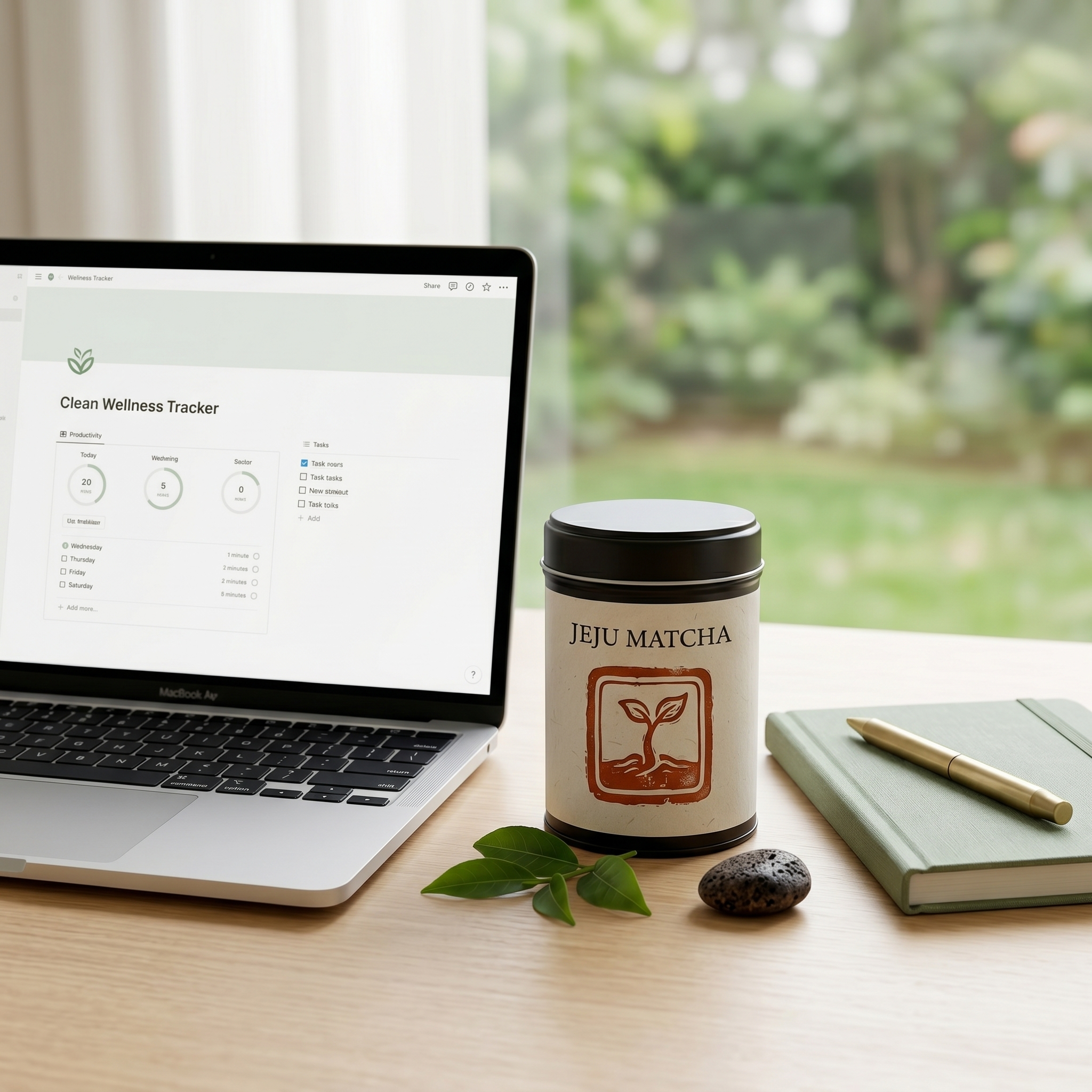 JeJu Matcha beside a laptop and notebook — a morning focus ritual for busy workdays