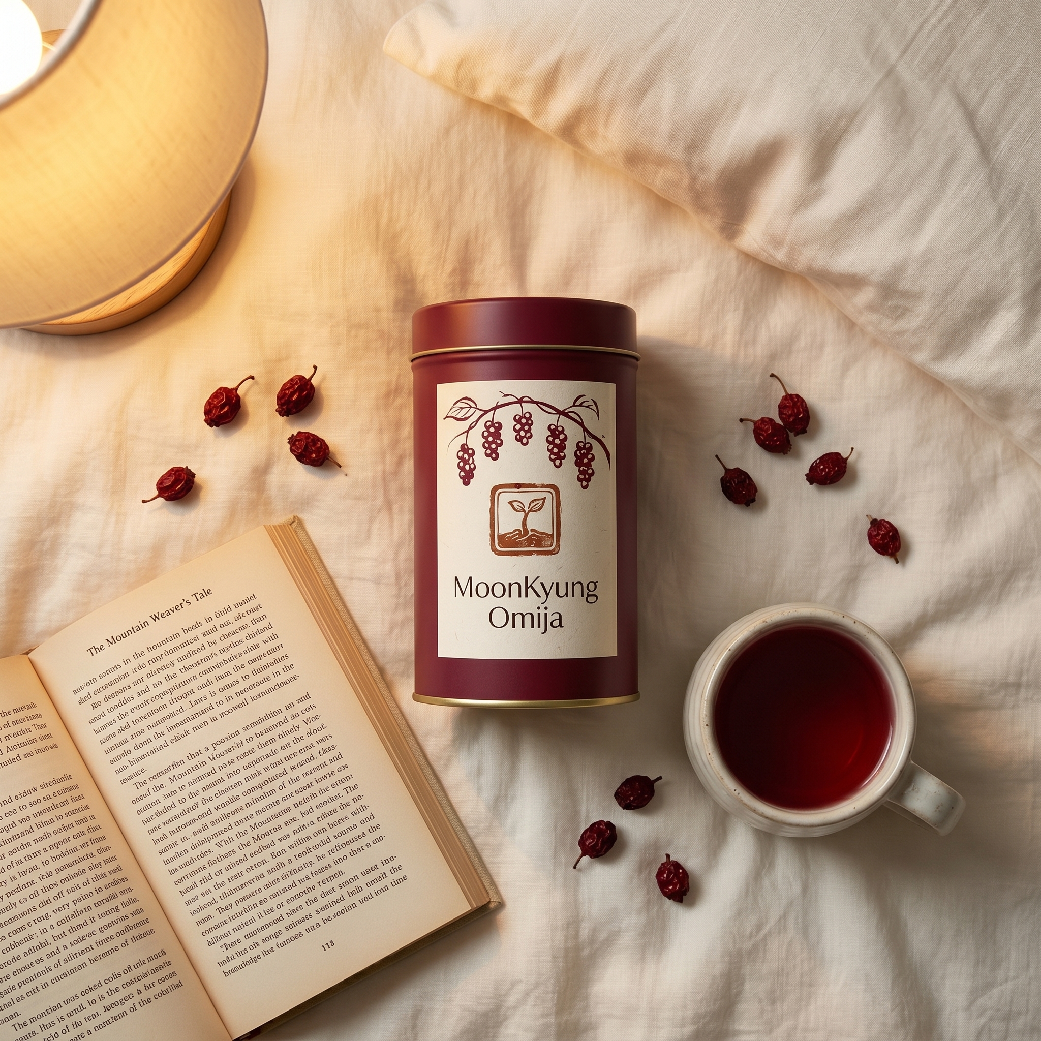 MoonKyung Omija with a book and a cup of tea on a bed — an evening relaxation ritual